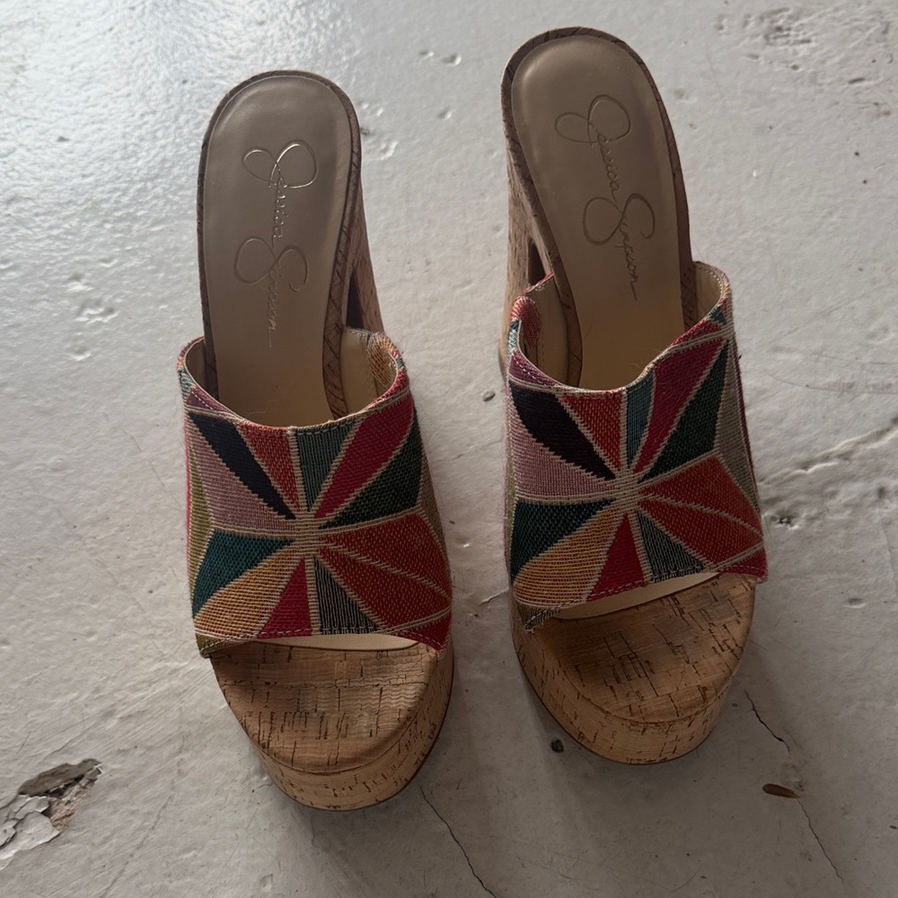 Jessica Simpson size 8.5m Multicolor Woven Cork Wedge Slides Womens Trendy
